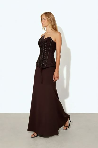 Kahverengi Bağcıklı Korse Detaylı Abiye Elbise